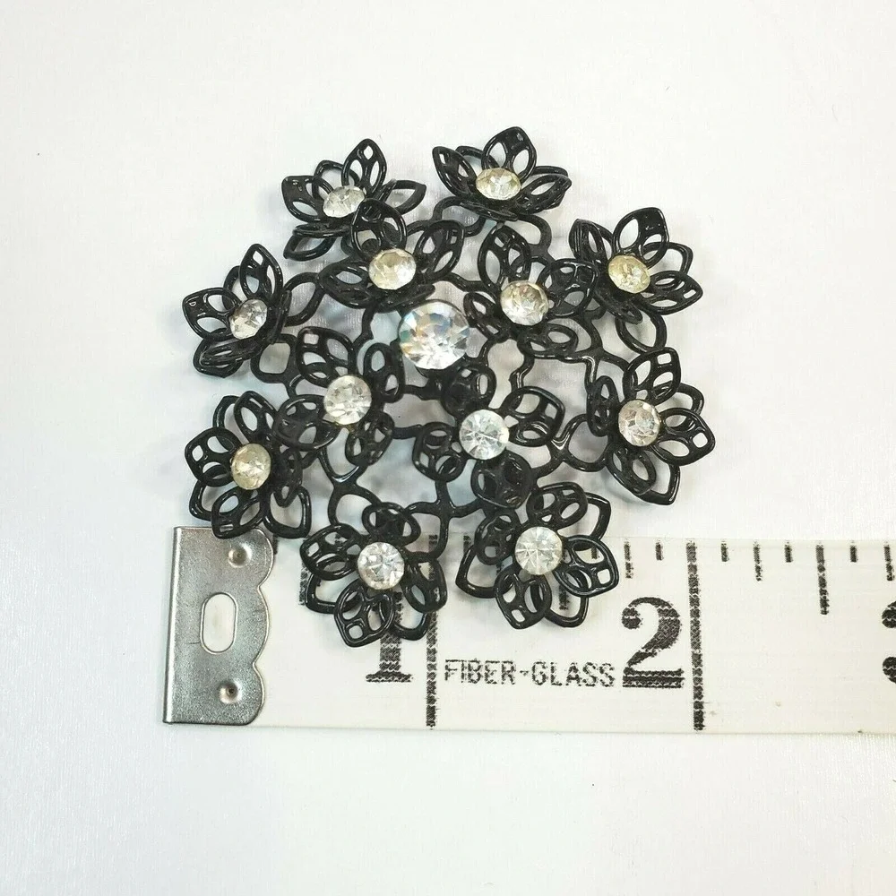 Vintage Large Coated Wire Black Flowers Floral Clear Rhinestones Brooch Pin